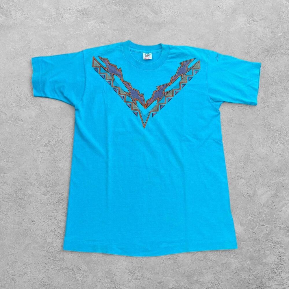 VTG 90s Fruit Of The Loom Aztec Graphic Tee M Turquoise Single Stitch USA Made